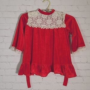 Vintage 90s USA Union Made Red White Lace Velvet Christmas Dress Little Girls 5t